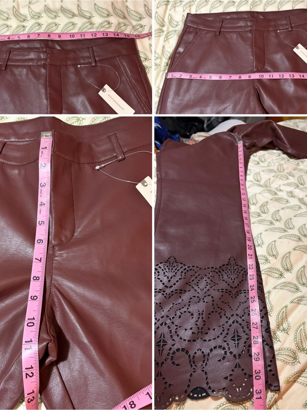 Anthropologie Laser Cut Faux Leather Novelty Slim Flare Pants Burgundy 8 NWT - Picture 13 of 13